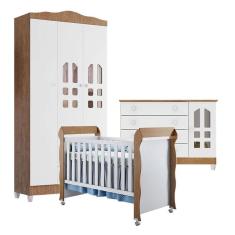 Quarto de Bebê New Selena 3 Portas com Cômoda Gran Selena e Berço Mirelle Branco Acetinado Amadeirado - Carolina Móveis