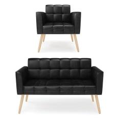 Kit 1 Sofá Namoradeira E 1 Poltrona Elisa Corano Pés Palito Natural - D`rossi Cor Preto