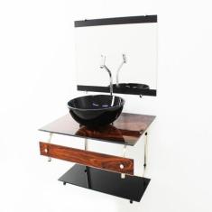 Gabinete de vidro para banheiro 60cm it inox com cuba redonda - madeir