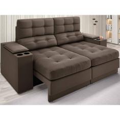 Sofá com Porta Copos e Carregador USB Eureka 1,70m Assento Retrátil e Reclinável Velosuede Marrom - NETSOFAS