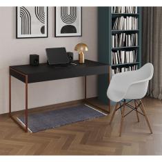 Escrivaninha Home Office Estilo Industrial Preta 137X53Cm Base Cobre Com 1 Poltrona Branca Preto
