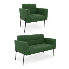 Sofá Namoradeira E Poltrona Pé De Ferro Preto Para Sala Elisa Suede Verde D03 - D'rossi
