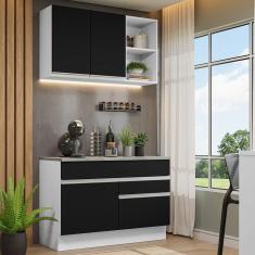 Cozinha Compacta Glamy 5 Portas 2 Gavetas MDP 120cm Preto e Branco com Tampo e Pés Reguláveis
