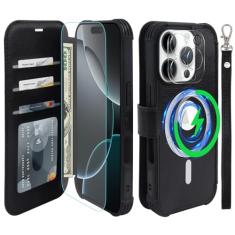 VANAVAGY Capa carteira compatível com iPhone 16 Pro para carregamento sem fio Magsafe, pulseira flip de couro [protetores de tela de vidro e protetores de lente da câmera] com suporte de cartão de