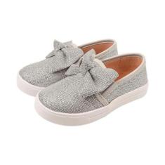 Tênis feminino slip on infantil sapato sem cadarço de bebê sapatilha menina prata com brilho-Feminino
