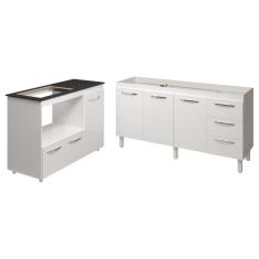 Balcão Cozinha Gabinete De Pia 160 Cm Estela E Balcão Para Fogão Cooktop 4 Bocas E Forno Elétrico Alana Branco