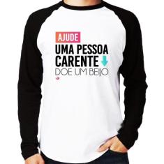 Camiseta Raglan Doe um beijo Manga Longa - Foca na Moda, Branco, Preto