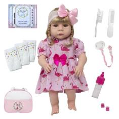 Boneca Reborn Loira Linda Vestido Flamingo Enxoval Completo - Cegonha 