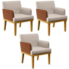 Kit 03 Poltronas Decorativas Para Sala Estar Beatriz W01 Linho Cru Couríssimo Camel - Lyam Decor