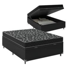 Cama Box Baú Casal Conforto Sintético Preto + Colchão Casal Conforto Espuma D33 Com EPS 30x138x188