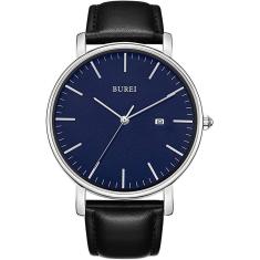 Burei Moda Masculina Relógio de Pulso Minimalista Data Analógica com Alça de Couro