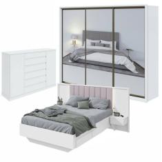 Quarto com Guarda-Roupa 3 Espelhos 3 Portas 6 Gavetas, Cômoda 2 Portas 7 Gavetas e Cama Solaris Branco