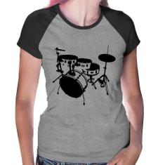 Baby Look Raglan Bateria Música Baterista - Foca na Moda, Cinza, Preto