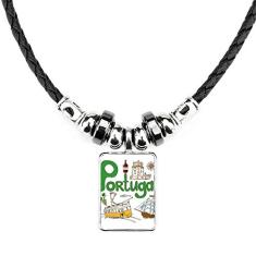 DIYthinker Colar com símbolo nacional de Portugal com pingente de corda de couro Torque