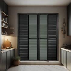 Porta de Correr Venez. 6 Folhas Moveis 210 X 240 Elite com Fecho Automático Vidro Liso Preto