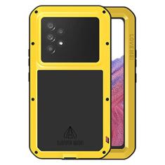 LOVE MEI Compatível com Samsung Galaxy A53 5G, esportes ao ar livre, impermeável, militar, à prova de choque, à prova de poeira, sujeira, alumínio híbrido, metal + silicone + vidro temperado (amarelo)