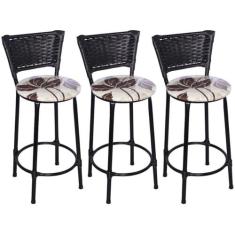 Kit 3 Banquetas Médias Preta com Encosto Junco Preto Assento Floral Ma