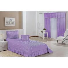 Kit Cobre Leito Solteiro Desejos 04 Peças Bordado + Cortina 2,00x1,70m