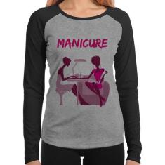 Baby Look Raglan Manicure Manga Longa - Foca na Moda, Cinza, Preto, GG