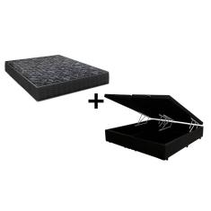 Cama Box Baú King 193 Bipartido Tecido Sintético Preto com Colchão Lisboa Espuma D28 Preto