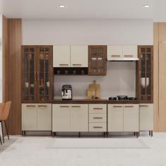 Cozinha Modulada Completa Fidelitá Lisboa 6 Peças 295cm 15 Portas 3 Gavetas Com Tampo Noce/off-white