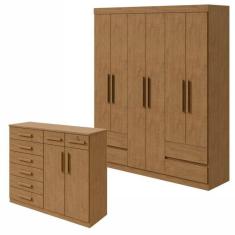 Conjunto de Guarda-Roupa 6 Portas 4 Gavetas Zeus e Cômoda 8 Gavetas 2 Portas Toronto Amêndoa Clean