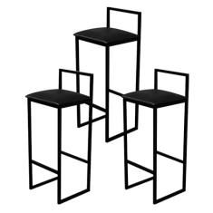 Kit 3 Banqueta Alta Cozinha Bar Balcão Bistrô Industrial Preta Assento Estofado (PRETO)