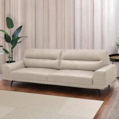 Sofá Decorativo Ashton 3 Lugares Sala De Estar 216cm Pés Em Aço Couro Bege G88 - Gran Belo