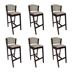 Kit 6 Banquetas Alta de Madeira Maciça Castanho Premium Ana com Encosto Linho Bege