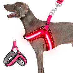 Peitoral iluminado para cães grande, sem escape, com fivela durável, sem puxão, sem choque. Peitoral respirável refletivo ajustável com anel D de tração dupla, peitoral rosa para cães - luz vermelha