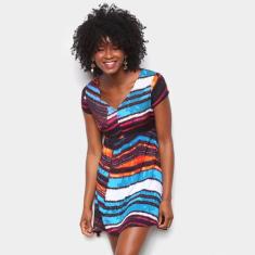 Vestido Água Viva Estampado Decote V, Azul, Rosa, G