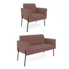 Sofá Namoradeira e Poltrona Pé de Ferro Preto Marisa Veludo Rosê D03 - D`Rossi