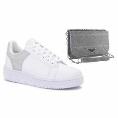 Kit Tênis Branco Feminino e Bolsa Balada Casual - classek, Branco, 38