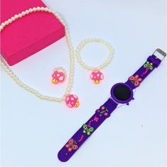 Kit Relógio Infantil Diigital Menina Silicone Desenho 3D Urso Florzinha + Conjunto Colar Pulseira Anél Miçangas Perolas