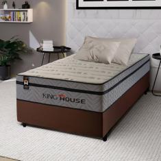 Conjunto Cama Box Marrom c/ Molas Ensacadas Preston Cinza Solteiro 88x188x71