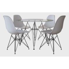 Mesa Jantar Eames De Ferro Preto Tampo Redondo Vidro 110cm 4 Cadeiras 