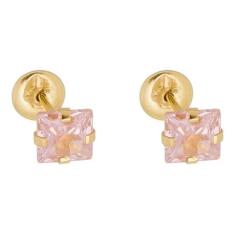 Brinco Ouro 18k Infantil Pedra Zircônia Quadrada nas cores Branca Verm