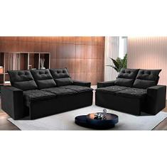 Conjunto de Sofá 3 e 2 Lugares Retrátil e Reclinável 2,00x1,50m Cama Inbox Smal Suede Preto