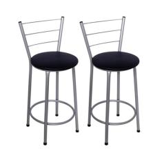 Kit 2 Banquetas Altas Prata com Encosto Assento Preto - Fortmix