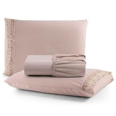 Jogo Cama Lençol Haia Queen Percal 200 Fios 100% Algodão Guipir Bordado Inglês 3 Peças - Avelã