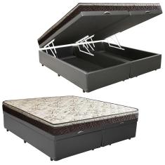 Cama Box Baú Queen Sintético Bipartido + Colchão Elegance Ortopédico Espuma D33 Extra Firme 158x198x63 Cinza