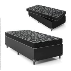 Cama Box Solteiro + Colchão Espuma D20 - 51x88x188cm - Couro Preto