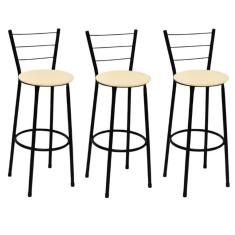 Kit 3 Banquetas Alta Preta com Encosto Assento Bege Jaddi