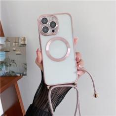 Chapeamento claro magnético sem fio casos de carregamento para iphone 15 14 11 12 13 pro max crossbody cordão colar capa, rosa, para iphone 14 promax