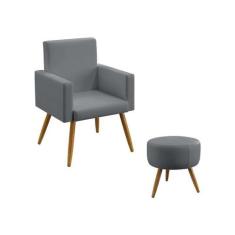 Kit Poltrona Decorativa Estofada Vega e Puff Solar Sued Cinza Aradecor