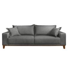 Sofá 3 Lugares Almofada Solta Base Madeira Linho Cinza Medio Mila 2,2m