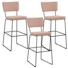 Kit 3 Banquetas Alta Base Em Aço Fixa Linho Rosê