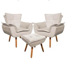 Kit 2 Poltronas Decorativas Pés Palito com Puff Opla Suede Bege - Ibiza