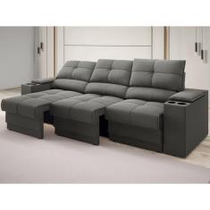 Sofá com Porta Copos e Carregador USB Retrátil e Reclinável Ringo 2,30m Velosuede Cinza - netsofas