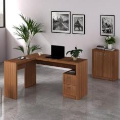 Kit 2 Peças com Mesa para Escritório em L e Armário Multiuso Baixo - T